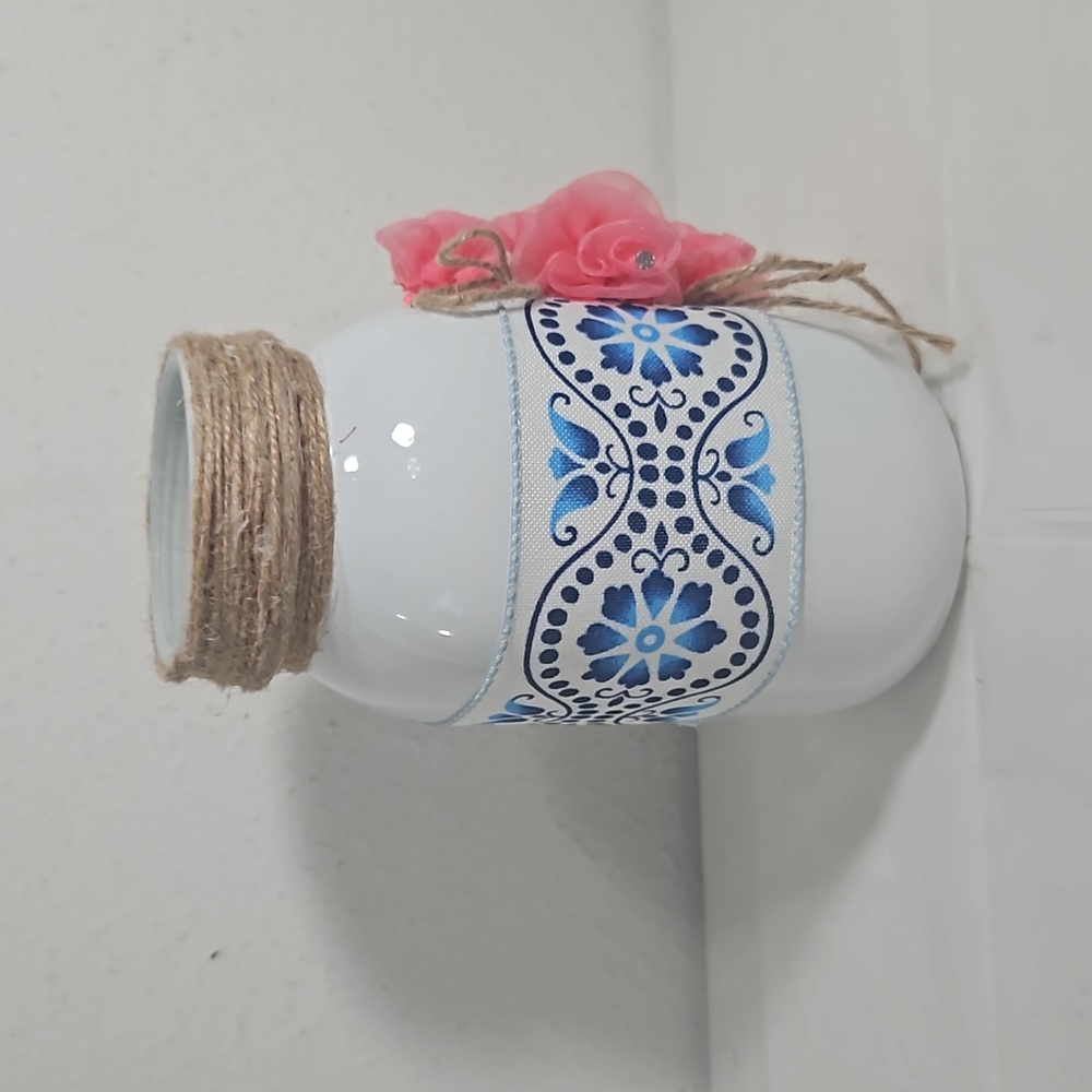 handmade white mason jar with floral blue ribbon and pink flower cross - Picture 2 of 6